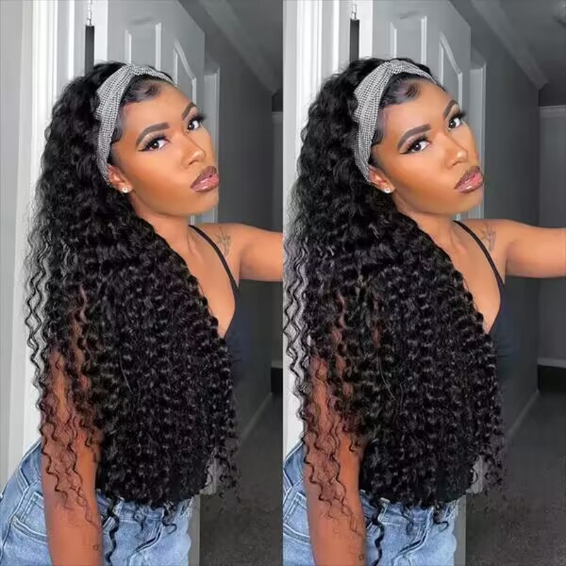 Headband Wig Deep Wave Human Hair Wigs Sterly Headband Wig With Scarf 250% density