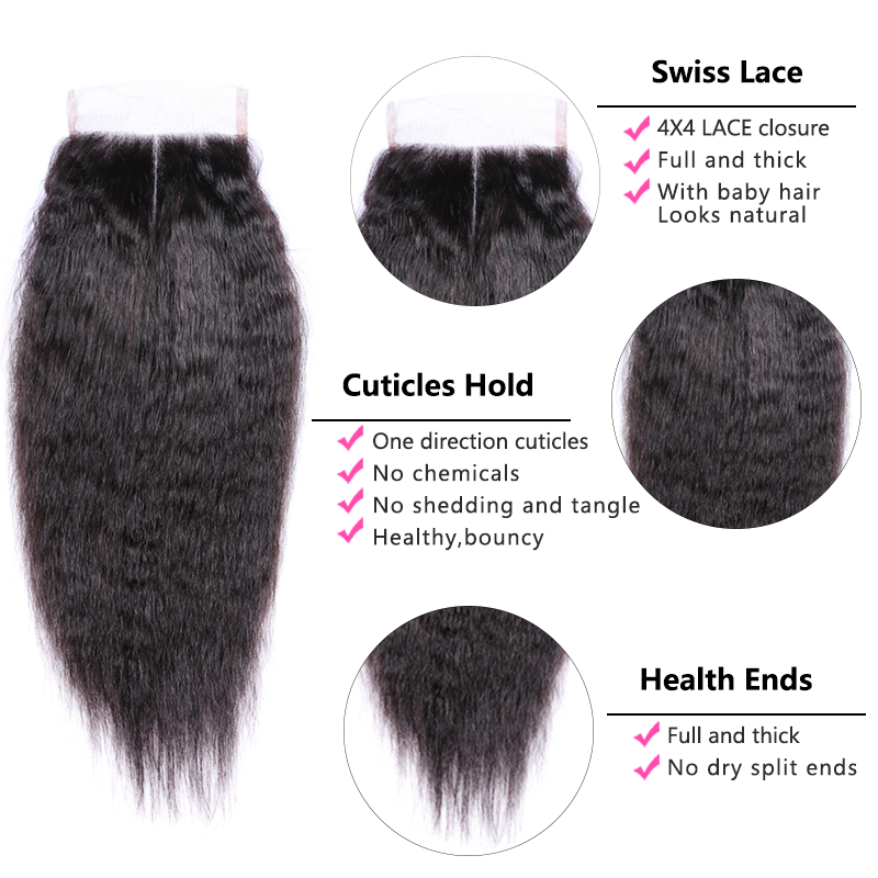 Sterly Kinky Straight Hair 3 Bundles with 4×4 Lace Closure Human Hair Natural Color