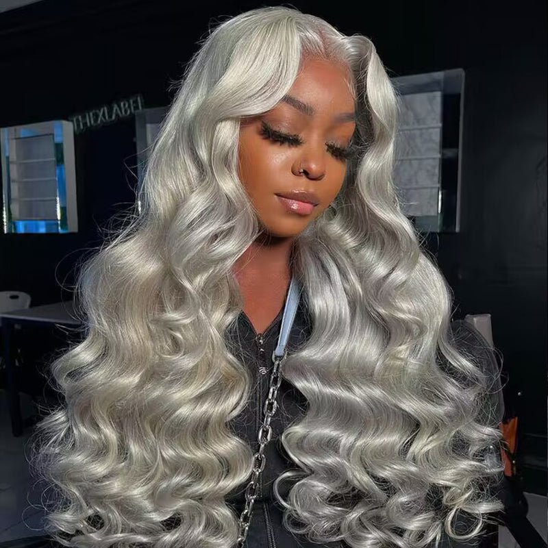 Sterly Grey Long body wave 4×4 13×4 Frontal Lace Wig Colored Human Hair Wigs