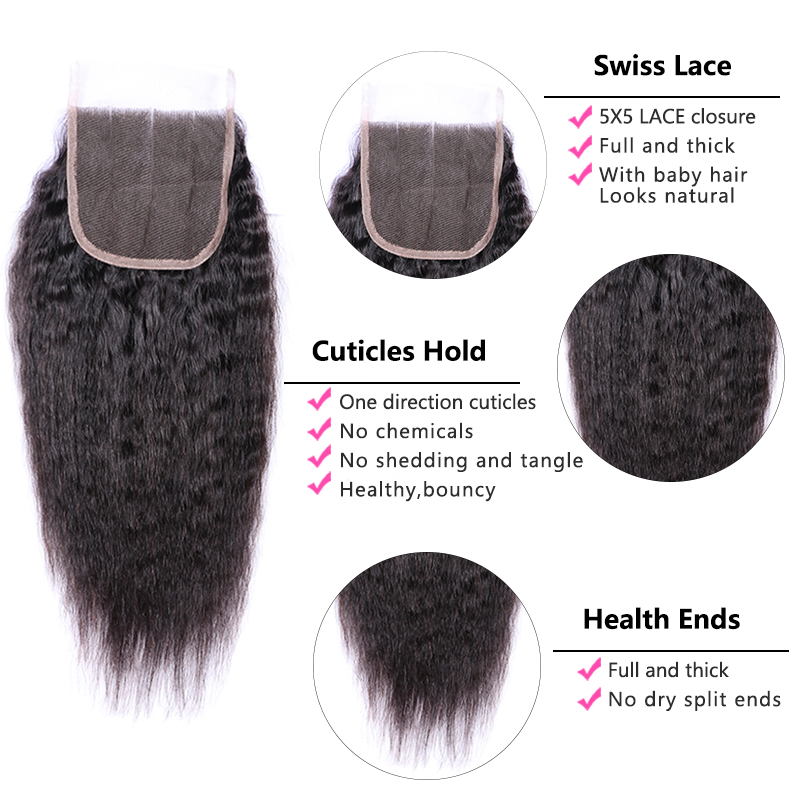 Sterly Kinky Straight Human Hair Bundles With 5x5 Lace Closure