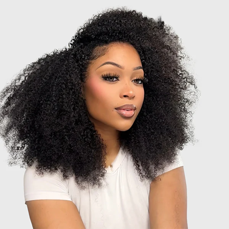 Afro Kinky Curly 3-In-1 Half Wig Glueless Flexi-Fit Drawstring Wig Beginner Friendly