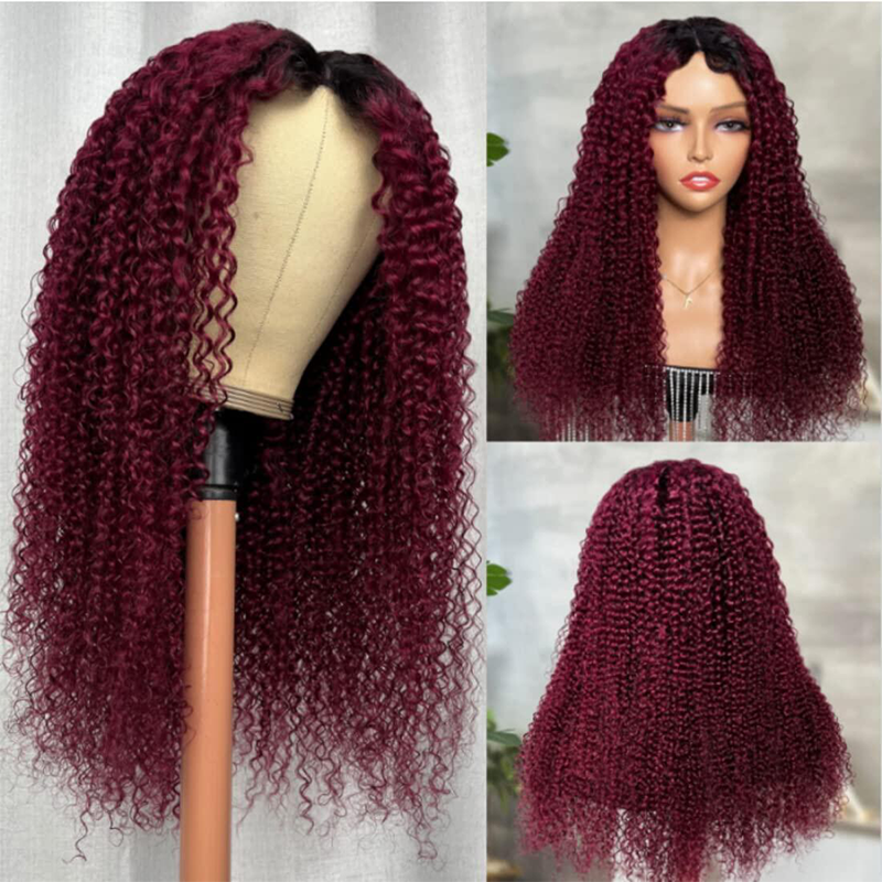 𝐍𝐄𝐖 ✅T1B/99J Ombre Burgundy V/U Part Wig Human Hair No Leave Out Curly Human Hair Wigs