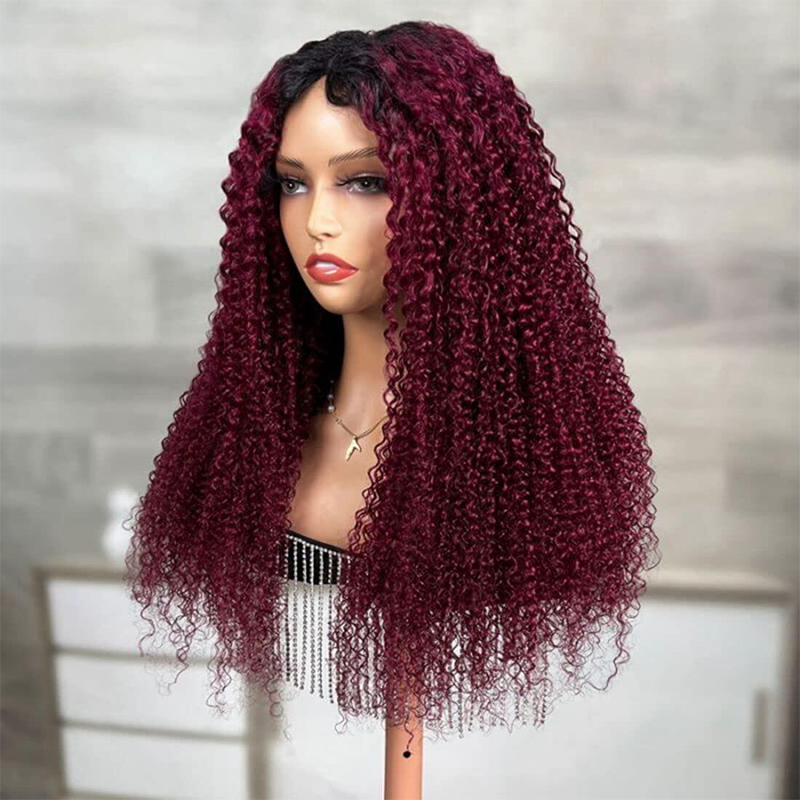 𝐍𝐄𝐖 ✅T1B/99J Ombre Burgundy V/U Part Wig Human Hair No Leave Out Curly Human Hair Wigs