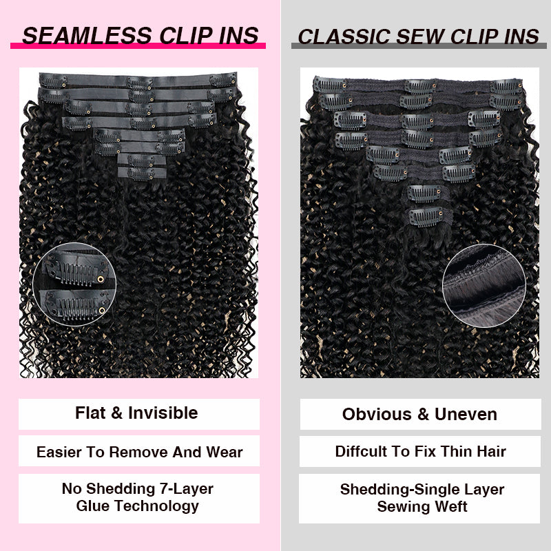 Seamless Clip in Hair Extensions Human Hair Curly PU Clip ins Human Hair for Women