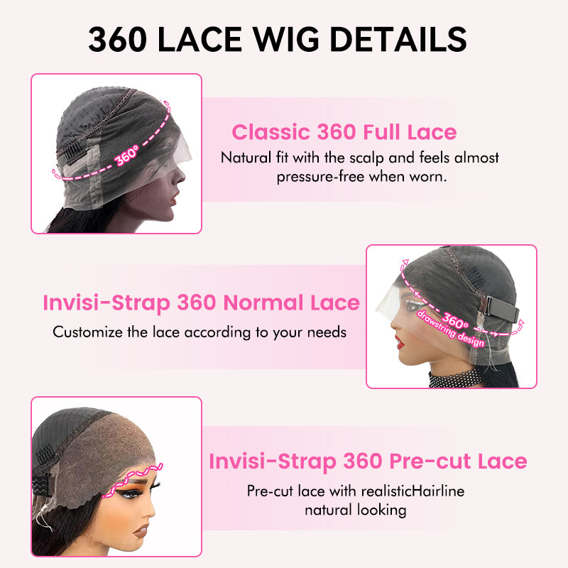 Perruques Lace Frontal HD 360° en cheveux humains Yaki lisses/frisés pour femmes, Sterly Hair
