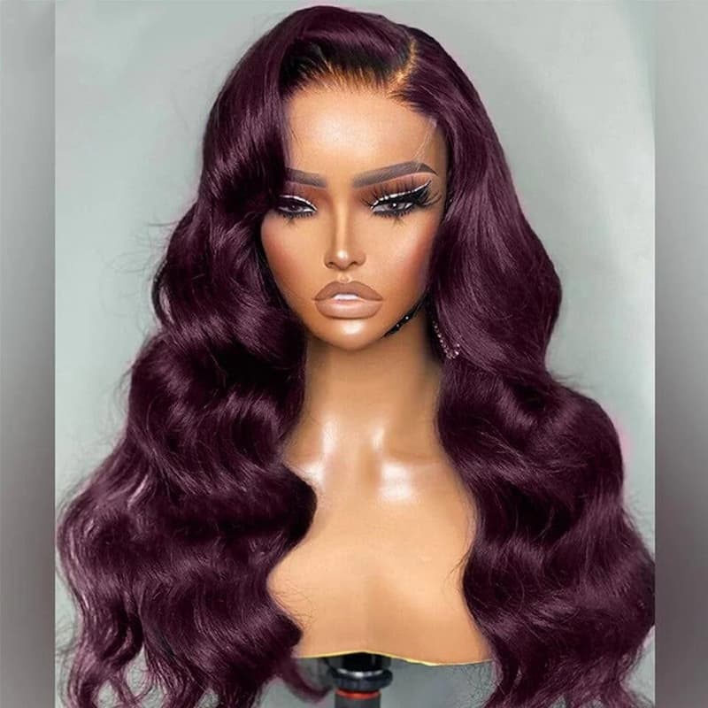 Hot&Pop Trend Dark Purple Plum Colored Lace Front Human Hair Wig