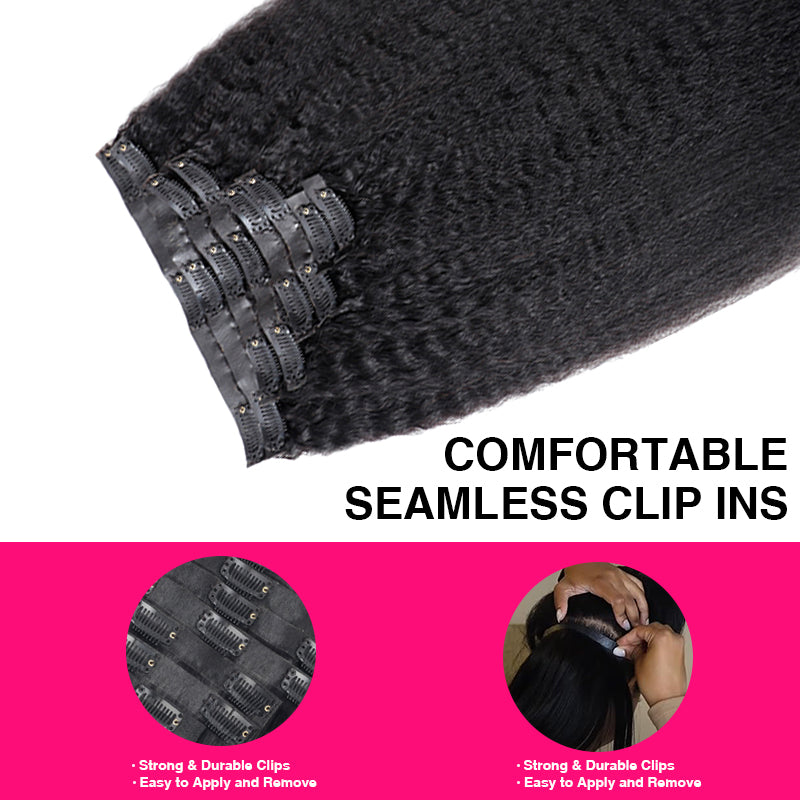 Kinky Straight/Yaki Straight Seamless Clip in Hair Extensions PU Clip ins Human Hair 8pcs With 18 Clips