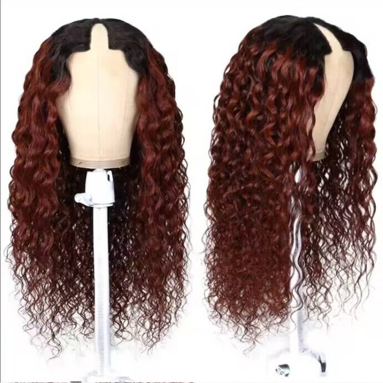 𝐍𝐄𝐖 ✅T1B/#33 Ombre Reddish Brown With Black Roots Water Wave V/U Part Wig
