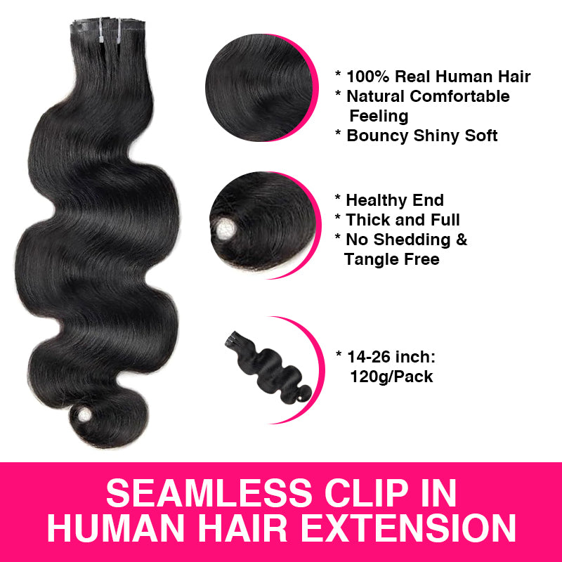 Seamless Clip in Hair Extensions Human Hair Body Wave PU Clip ins with Invise Edge for Women