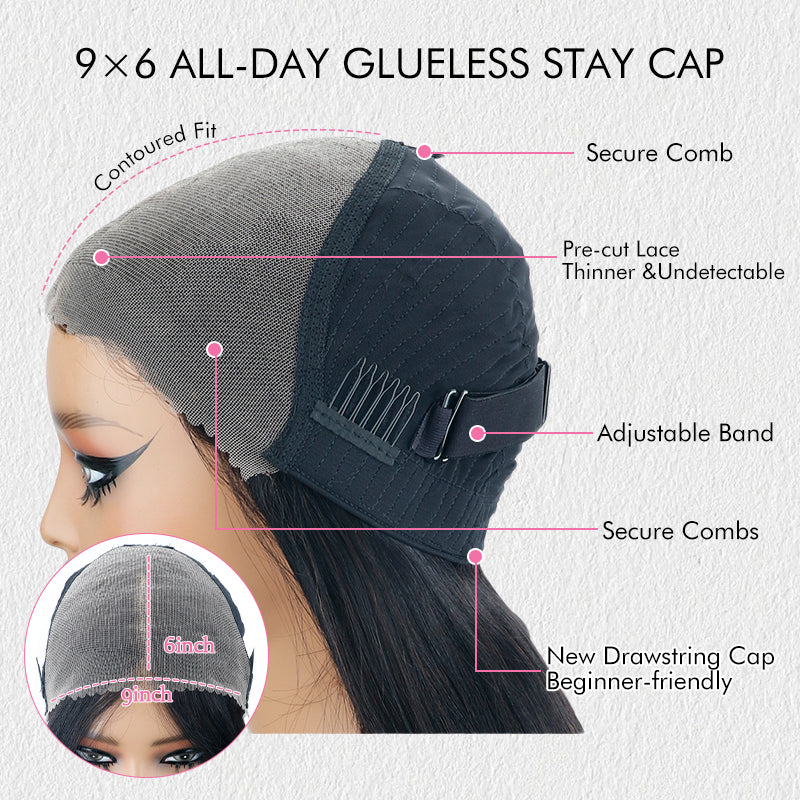 Parting Max 9x6 Glueless Wig #1 Jet Black Straight Hair Wig New Drawsting Cap Pre Plucked & Bleached Ready to Go