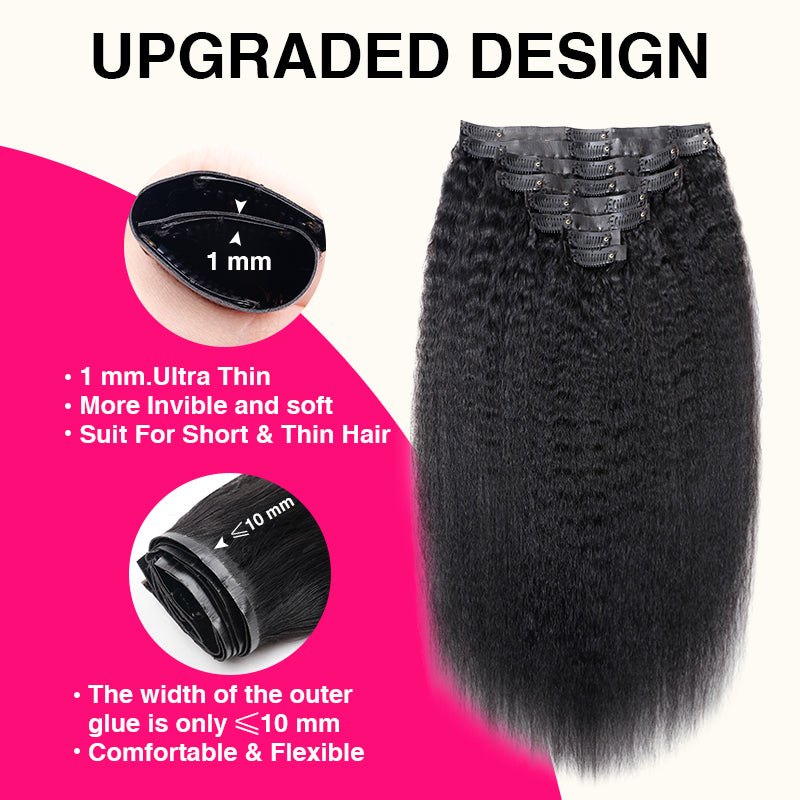 Kinky Straight/Yaki Straight Seamless Clip in Hair Extensions PU Clip ins Human Hair 8pcs With 18 Clips
