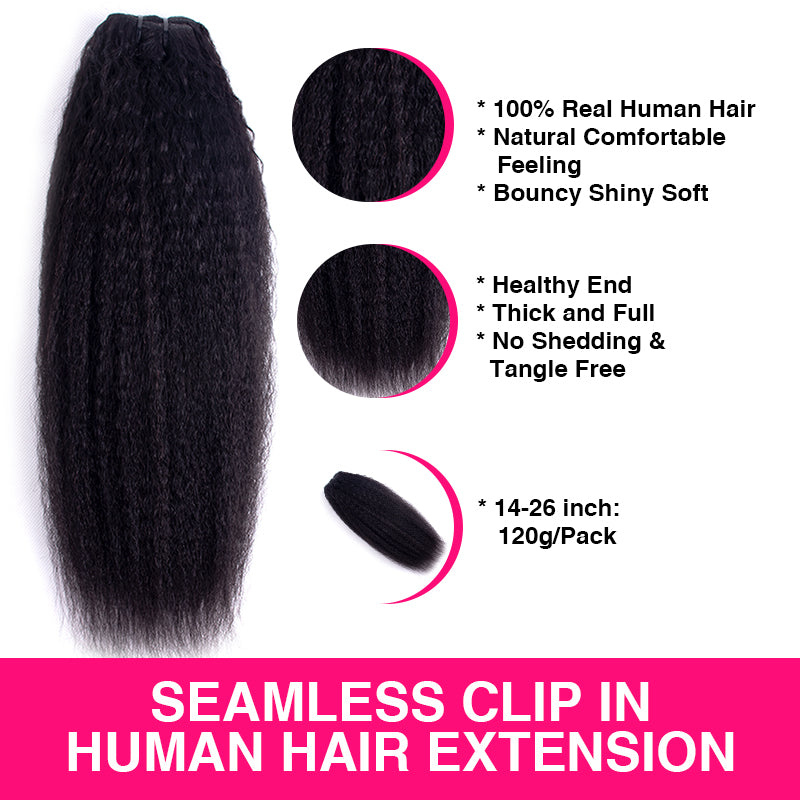 Kinky Straight/Yaki Straight Seamless Clip in Hair Extensions PU Clip ins Human Hair 8pcs With 18 Clips