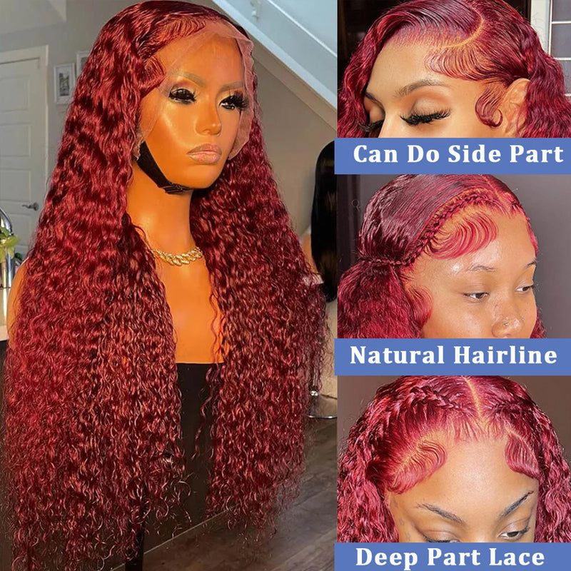 99J Burgundy 13×6 Deep Wave Wig Premium Super Double Drawn Human Hair Wig 250% Density