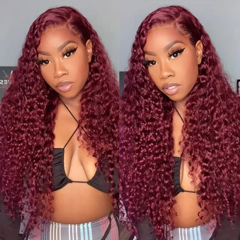 99J Burgundy 13×6 Deep Wave Wig Premium Super Double Drawn Human Hair Wig 250% Density