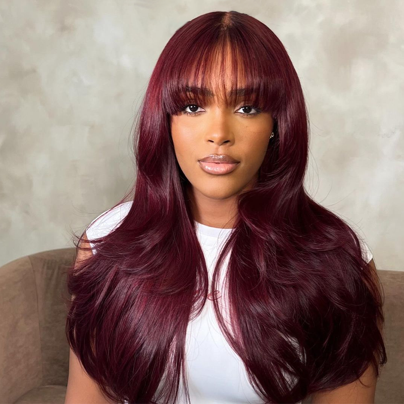Sterly Cranberry Color Ready To Go Glueless Wigs Pre-Bleched Knots Straight Human Hair Wigs With Bangs