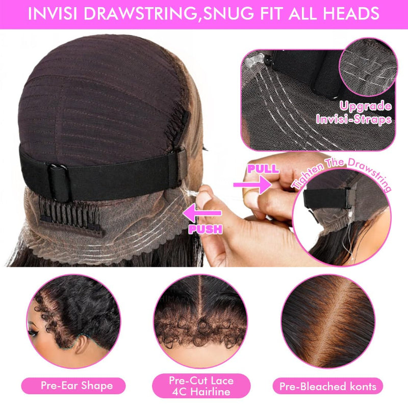 Type 4C Edges Wig | Glueless 360 Yaki Straight / Kinky Straight Lace Frontal Human Hair Wigs With Snug Fit Invisi-Strap
