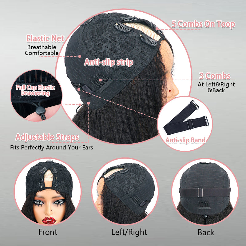 New Drawstring V Part Kinky Straight / Yaki Straight Wig No Leave Out And No Sew In Human Hair Wigs