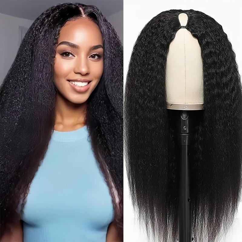 New Drawstring V Part Kinky Straight / Yaki Straight Wig No Leave Out And No Sew In Human Hair Wigs