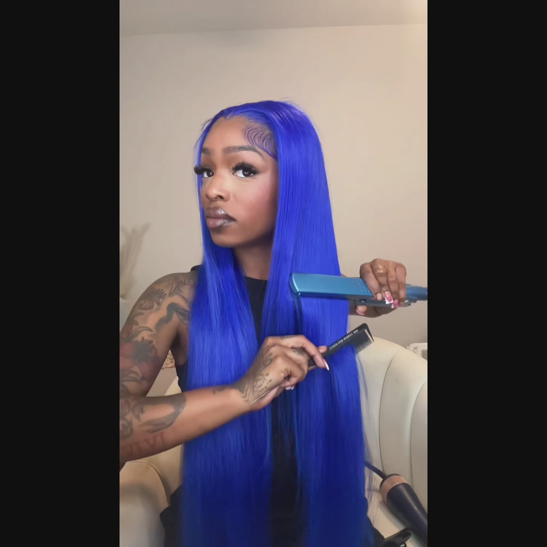 Sterly Royal Blue 13x6 Full Frontal Lace Body Wave Human Hair Wigs Pre Colored Blue Wigs