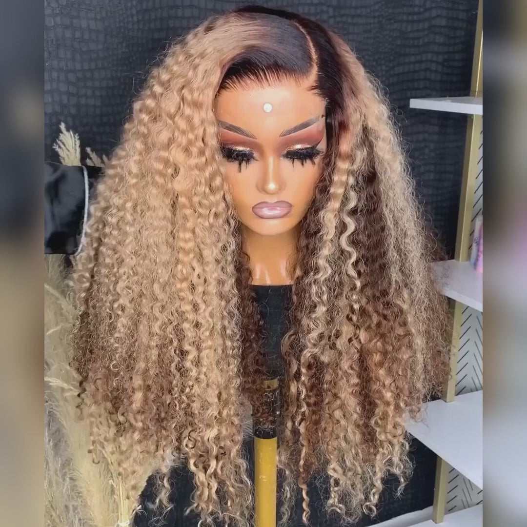 Sterly Highlight Color Honey Blonde With Brown Roots Curly Human Hair Peekaboo Wig