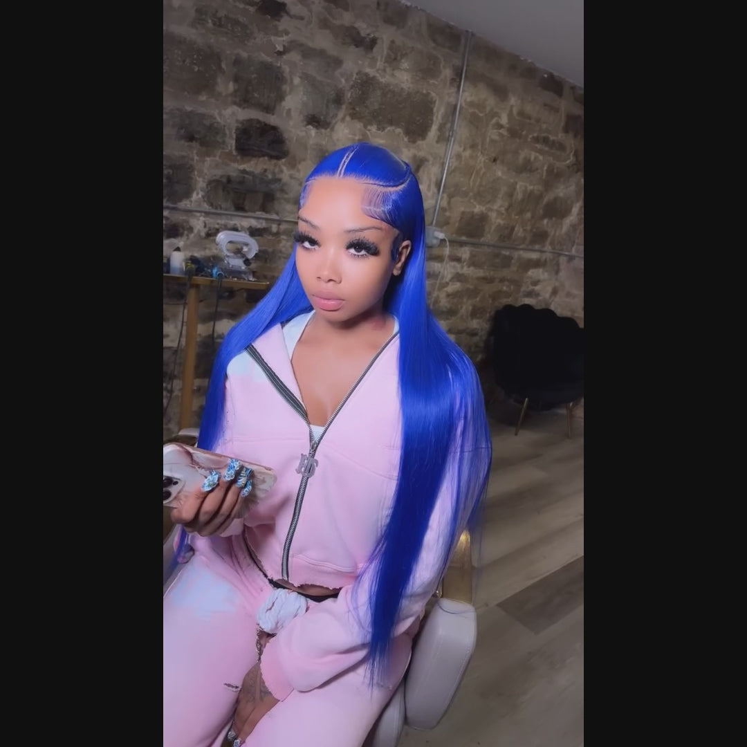 Sterly Royal Blue 13x6 Full Frontal Lace Body Wave Human Hair Wigs Pre Colored Blue Wigs