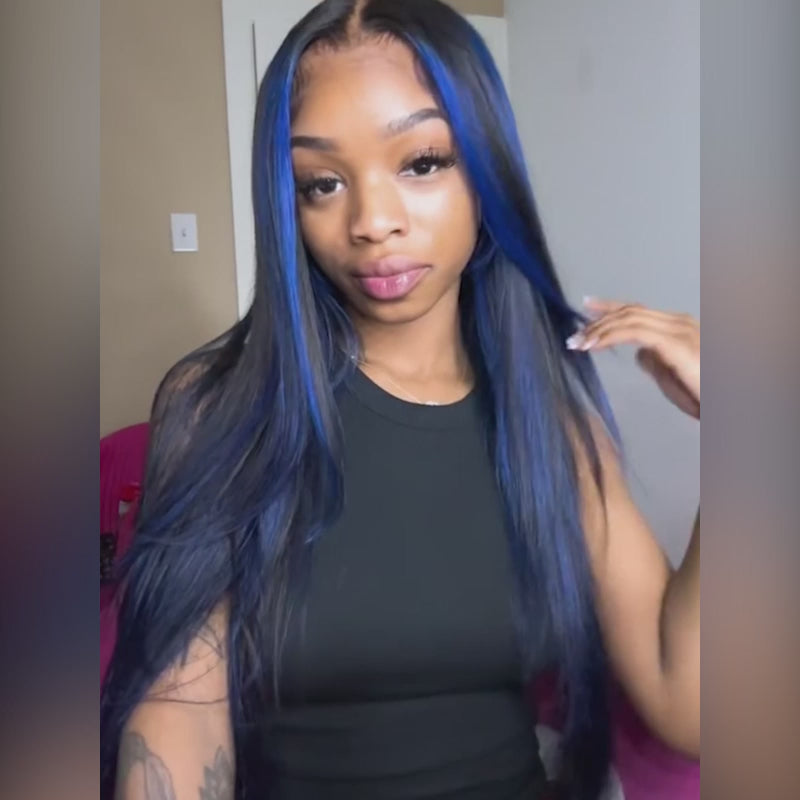Flash Sale | Sterly Blue Highlight With Black Hair Roots 13x6 Full Lace Human Hair Wigs
