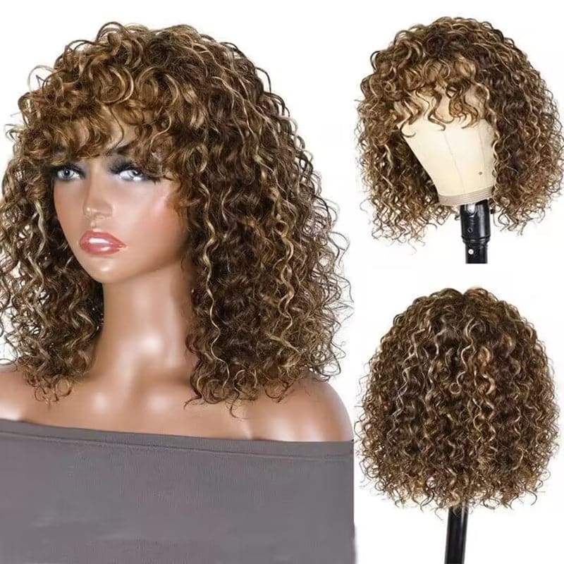 Balayage Highlight Brown Color Water Wave Bob Wig with Bangs Sterly Hair