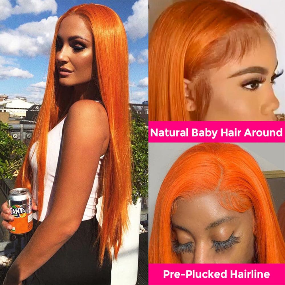 Sterly Ginger Orange Color Glueless Straight Transparent Lace Frontal Wigs Human Hair