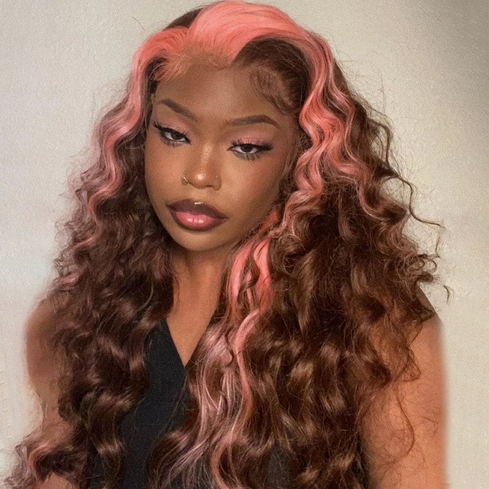Sterly Pink with Light Brown Skunk Stripe Transparent Lace Body Wave Frontal Wig