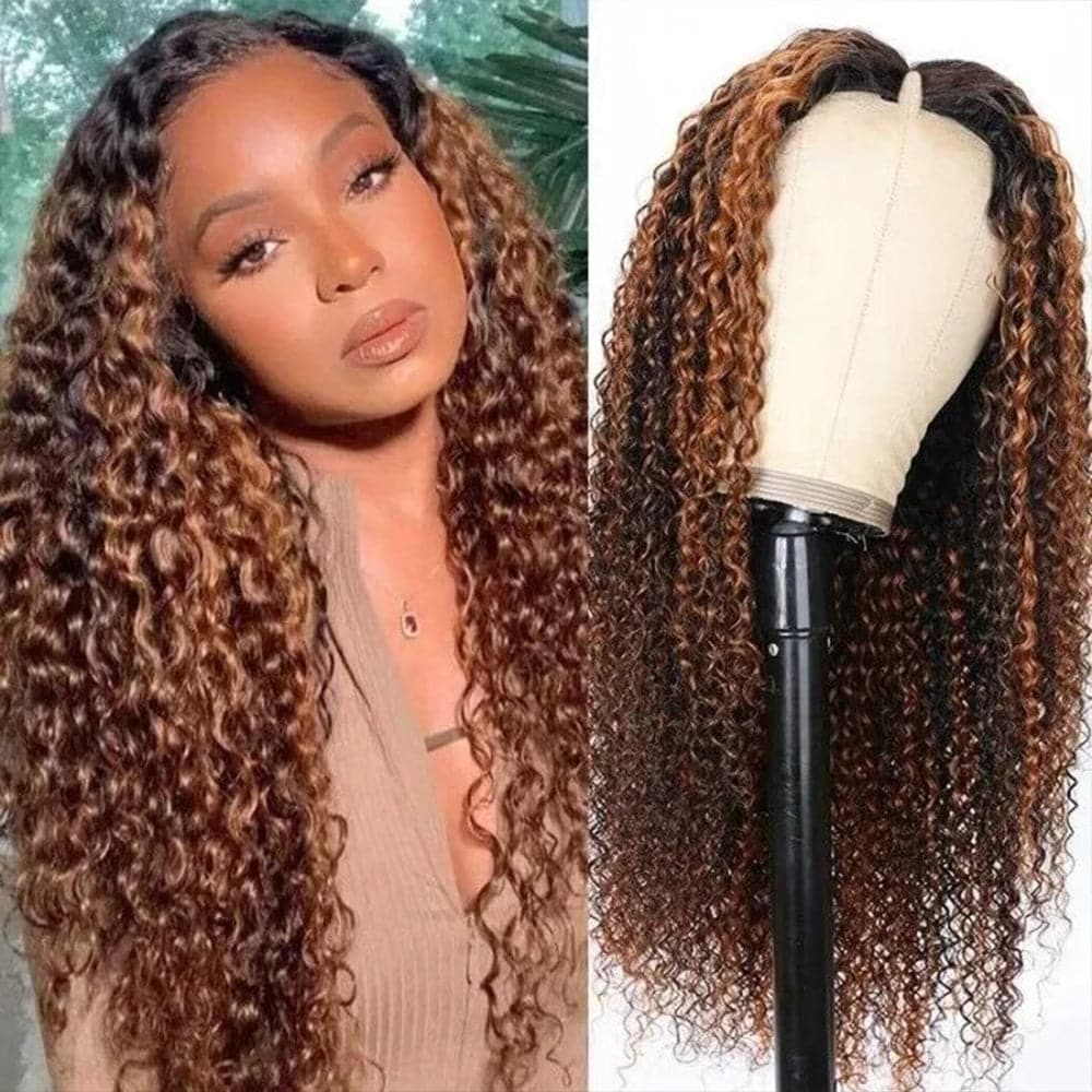 Perruque bouclée sans colle Sterly V Part #FB30 Balayage Highlights Wigs Perruques U Part pour débutants