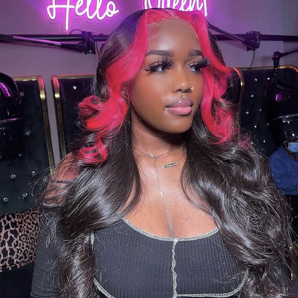 Sterly Pink Skunk Stripe Body Wave 13×4 Transparent Lace Front Human Hair Wig