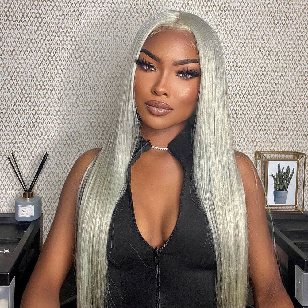 Sterly Grey Long Silky Straight 4×4 13×4 Frontal Lace Wig Colored Human Hair Wigs