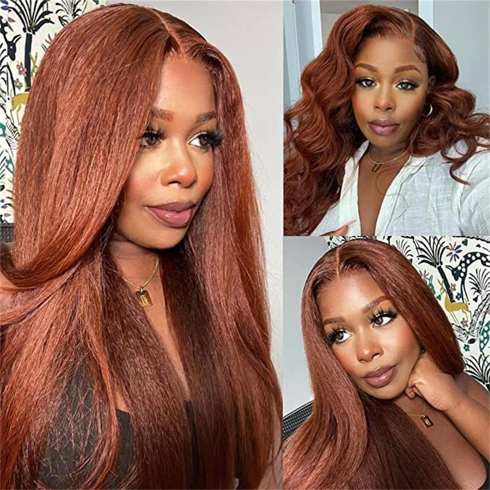 Sterly Reddish Brown Hair Wig Auburn Yaki -Straight Lace Front Wigs Human Hair