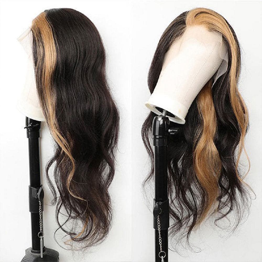 Sterly Skunk Stripe Body Wave Frontal Wig Black Wigs With #27 Honey Blonde Highlights