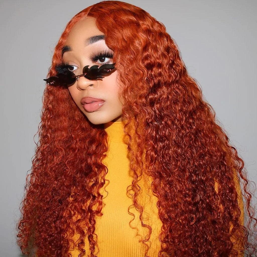 Sterly Orange Ginger Curly Wig Transparent Lace Frontal Human Hair Wigs 180% Density