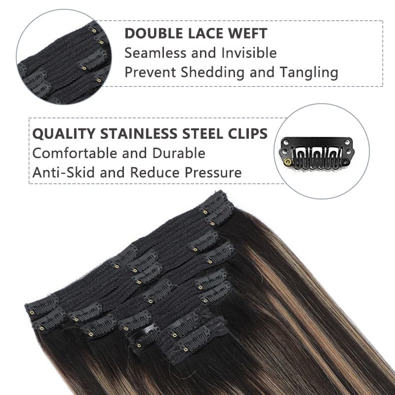 Sterly #1B/27/1B Dark Balayage Straight Clip-in Human Hair 8 Pices With 18 Clips 120g