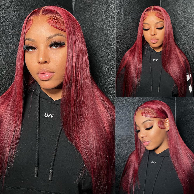 Sterly Glueless 13x6 #99J Straight Hair Wig 5x5 /13×6 Burgundy Lace Front Human Hair Wig