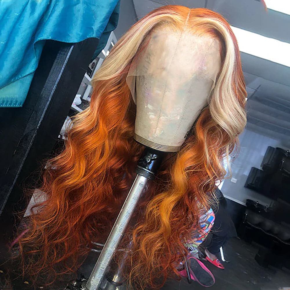 Sterly Ginger with Blonde Skunk Stripe Transparent Lace Body Wave Frontal Wig