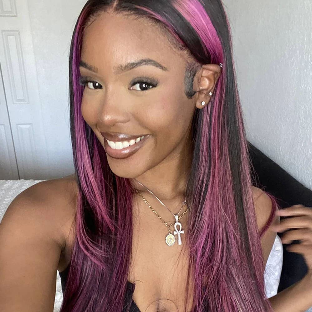 Sterly Transparent Lace Black Hair With Red Purple Highlights Straight Human Hair Wigs