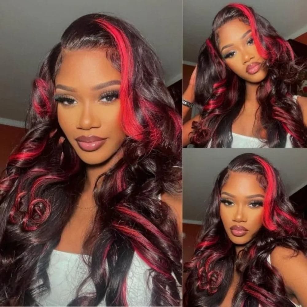 Sterly Dark Burgundy Wig With Red Strunk Stripe Body Wave Colored Highlight Human Hair Wigs