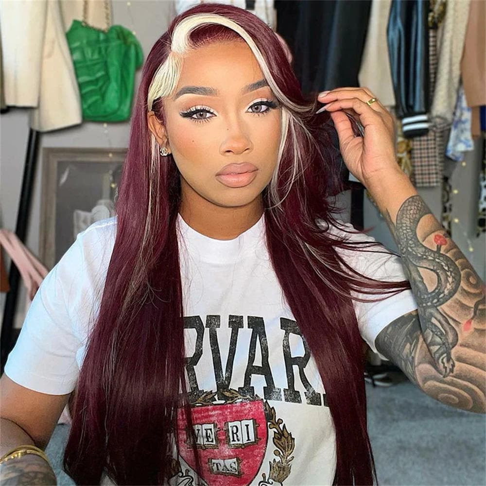Sterly Hair Straight 13×4 Lace Front Burbundy & Blonde Skunk Stripe Body Wave Wig