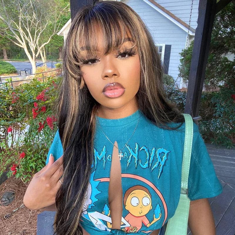 Sterly Balayage Highlight Wig with Bangs Transparent HD Lace Frontal Wigs Honey Blonde Brown Wigs