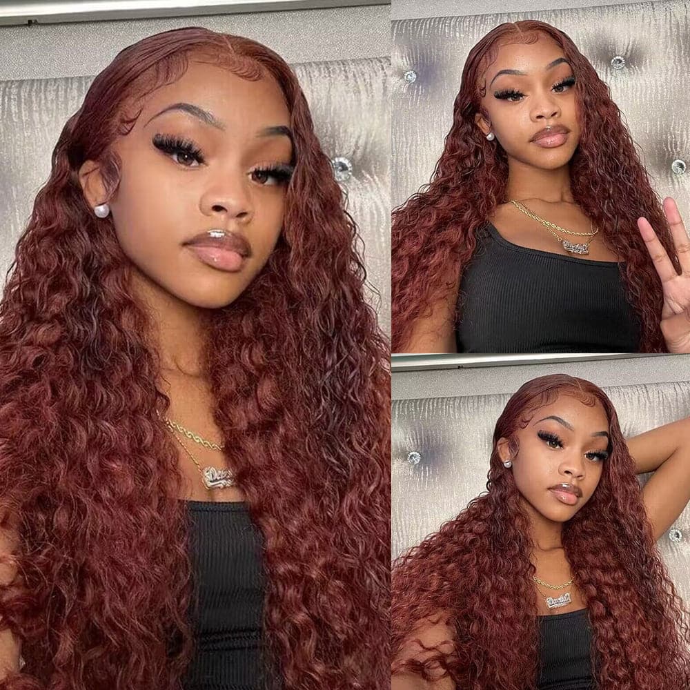 Sterly Glueless 13x6 Water Wave Wig Auburn Reddish Brown Human Hair Wig