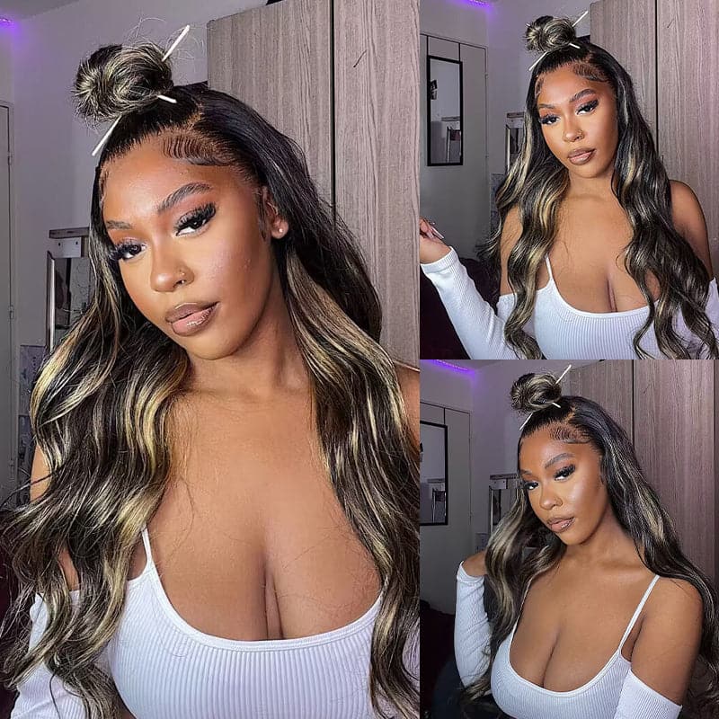Sterly Balayage Highlight Wig Transparent Lace Frontal Wigs Honey Blonde Brown Wigs