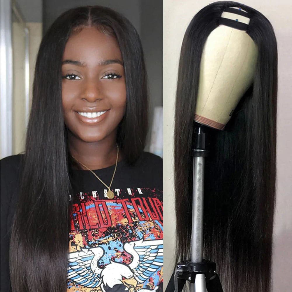 Perruques de cheveux raides sans colle en U de 12 à 32 pouces pour femmes noires