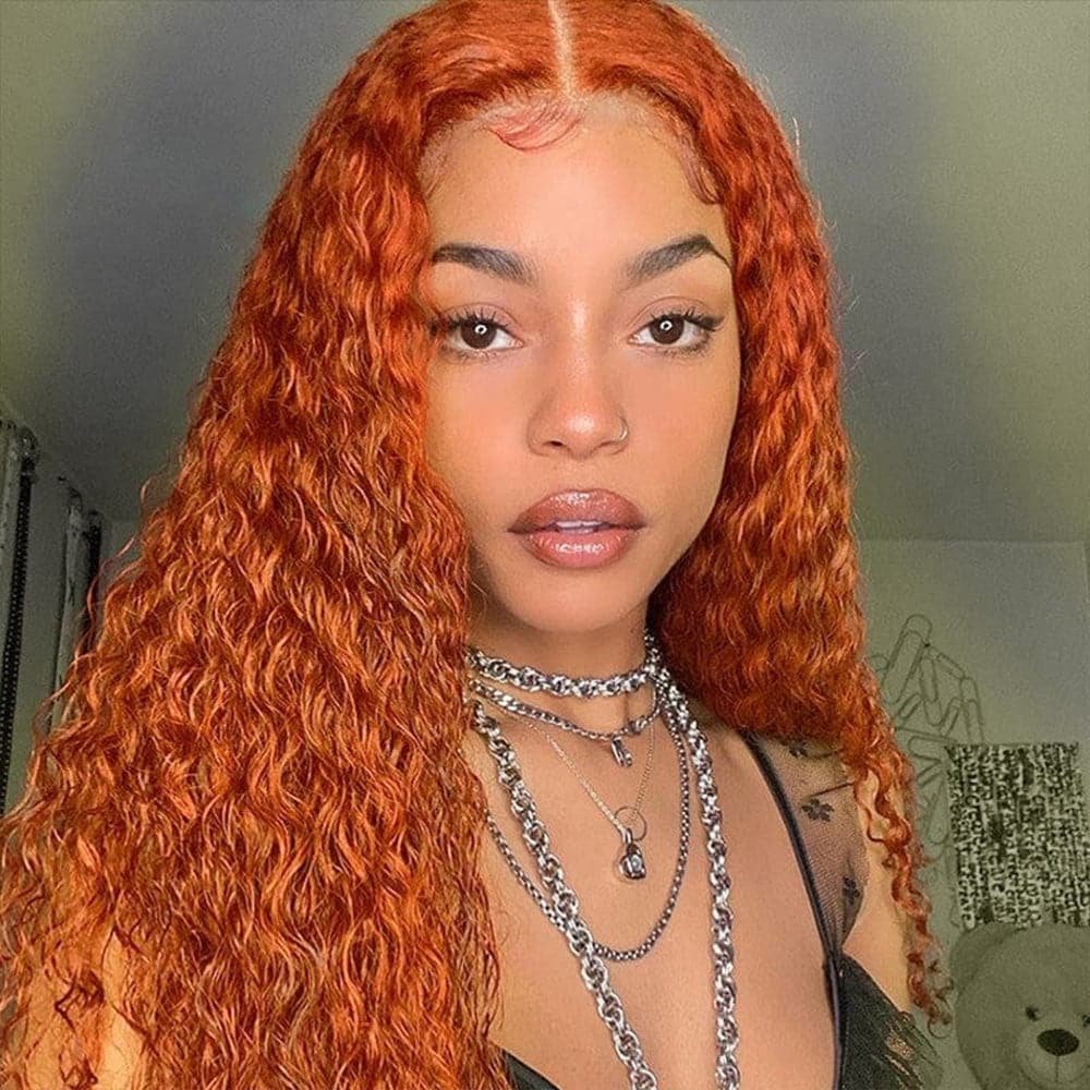 Sterly Orange Ginger Curly Wig Transparent Lace Frontal Human Hair Wigs 180% Density