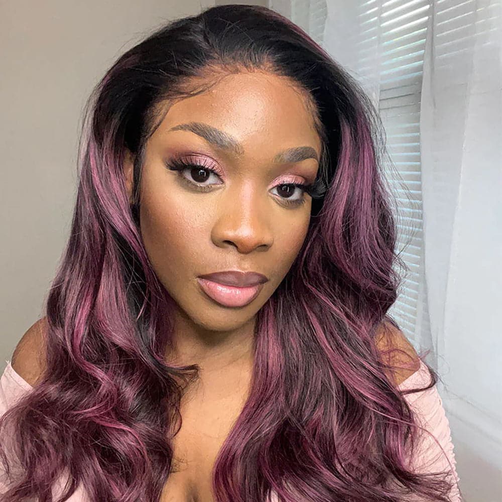 Sterly Transparent Lace Black Hair With Red Purple Highlights Straight Human Hair Wigs