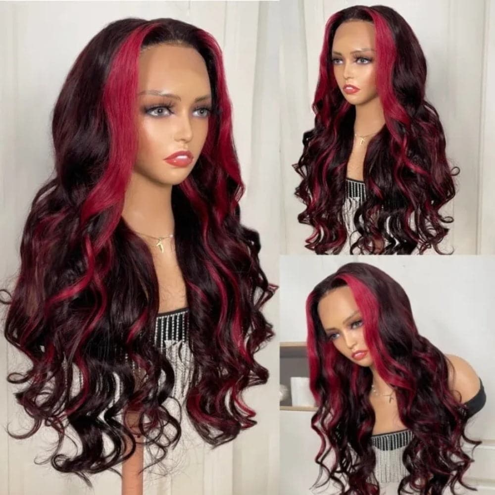 Sterly Dark Burgundy Wig With Red Strunk Stripe Body Wave Colored Highlight Human Hair Wigs