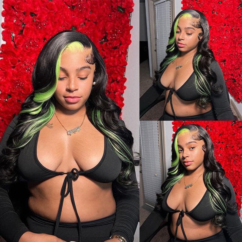 Sterly Green Skunk Stripe Body Wave Transparent Lace 13×4 Frontal Human Hair Wig