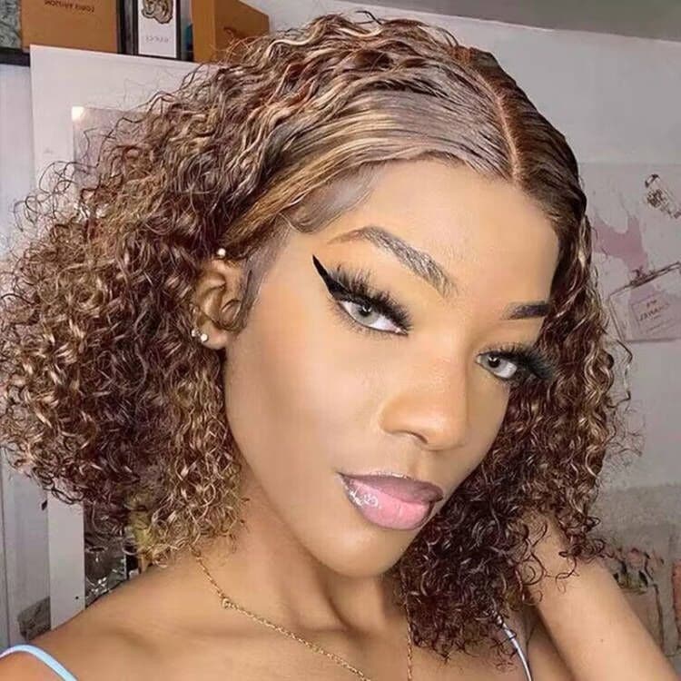 Sterly Mix Color Brown Curly Bob Wig Affordable 13X4 Highlight Frontal Lace Wig